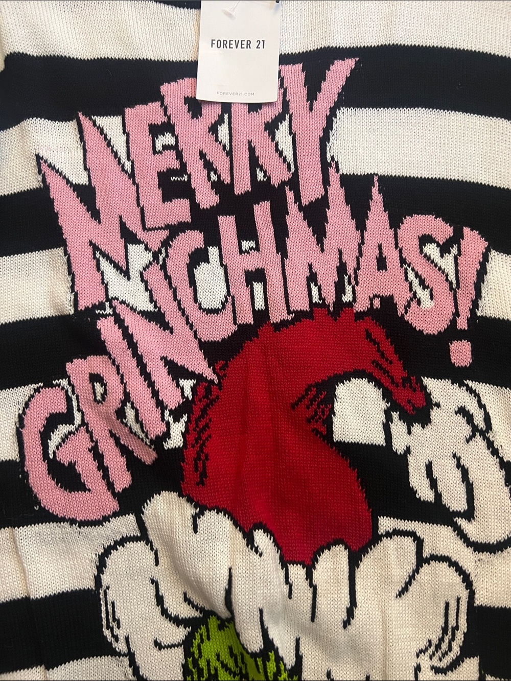 Forever 21 Black & White Striped Grinch Graphic Crewneck Sweater with Pink Text - Picture 3 of 5